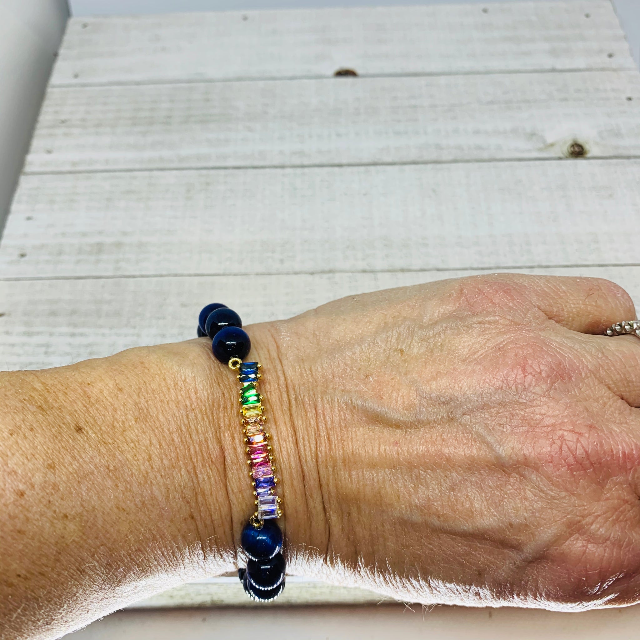 Blue Cat Eye and Multi Color Connector Charm Bracelet
