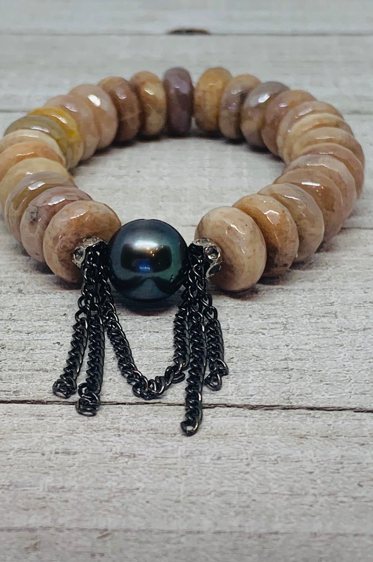 Gorgeous Faceted Peach Moonstone with a Stunning Tahitian Pearl and Chain Bracelet
