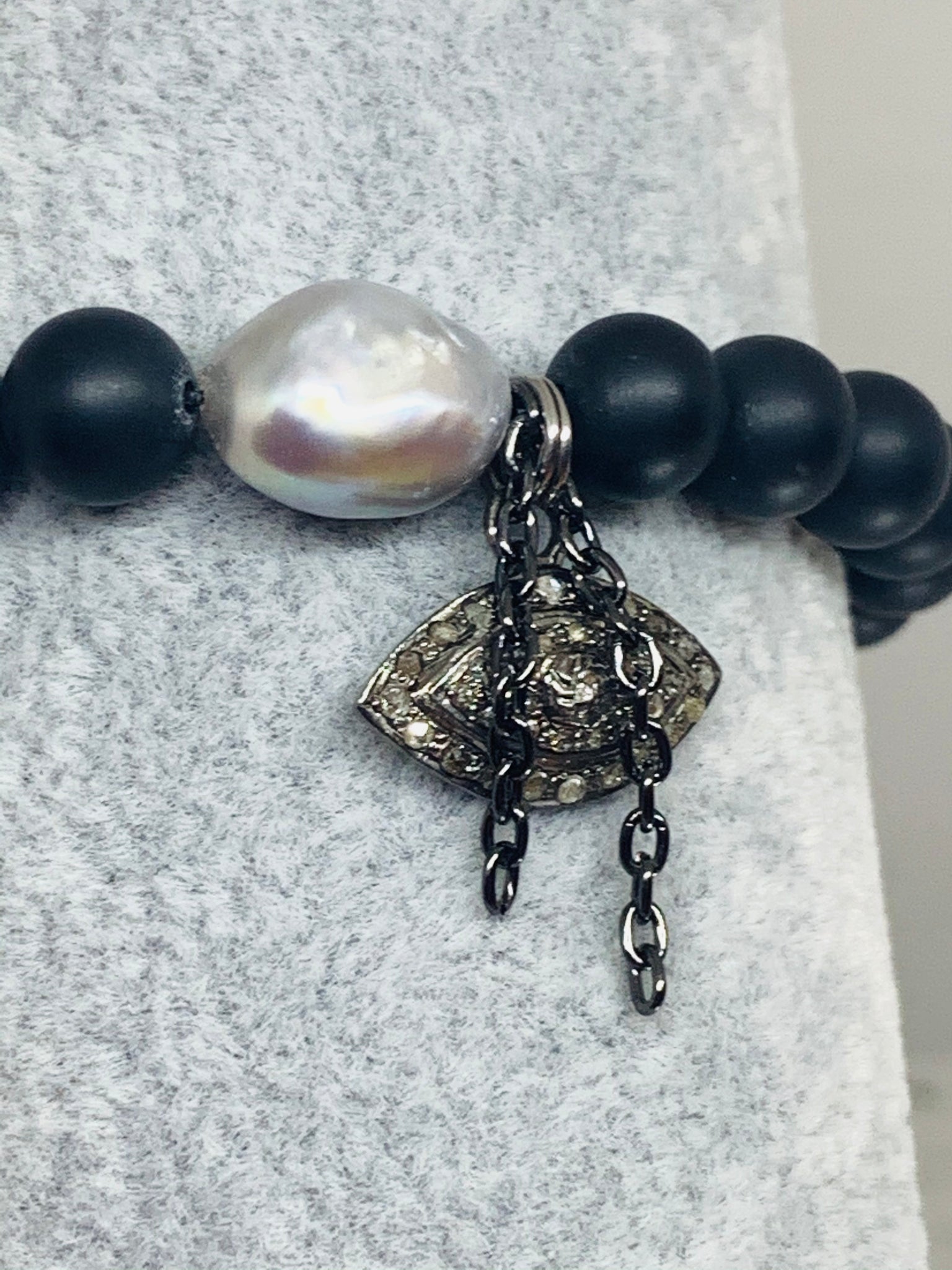 Onyx,  Pearl & Genuine  Pave Diamond Evil Eye Bracelet