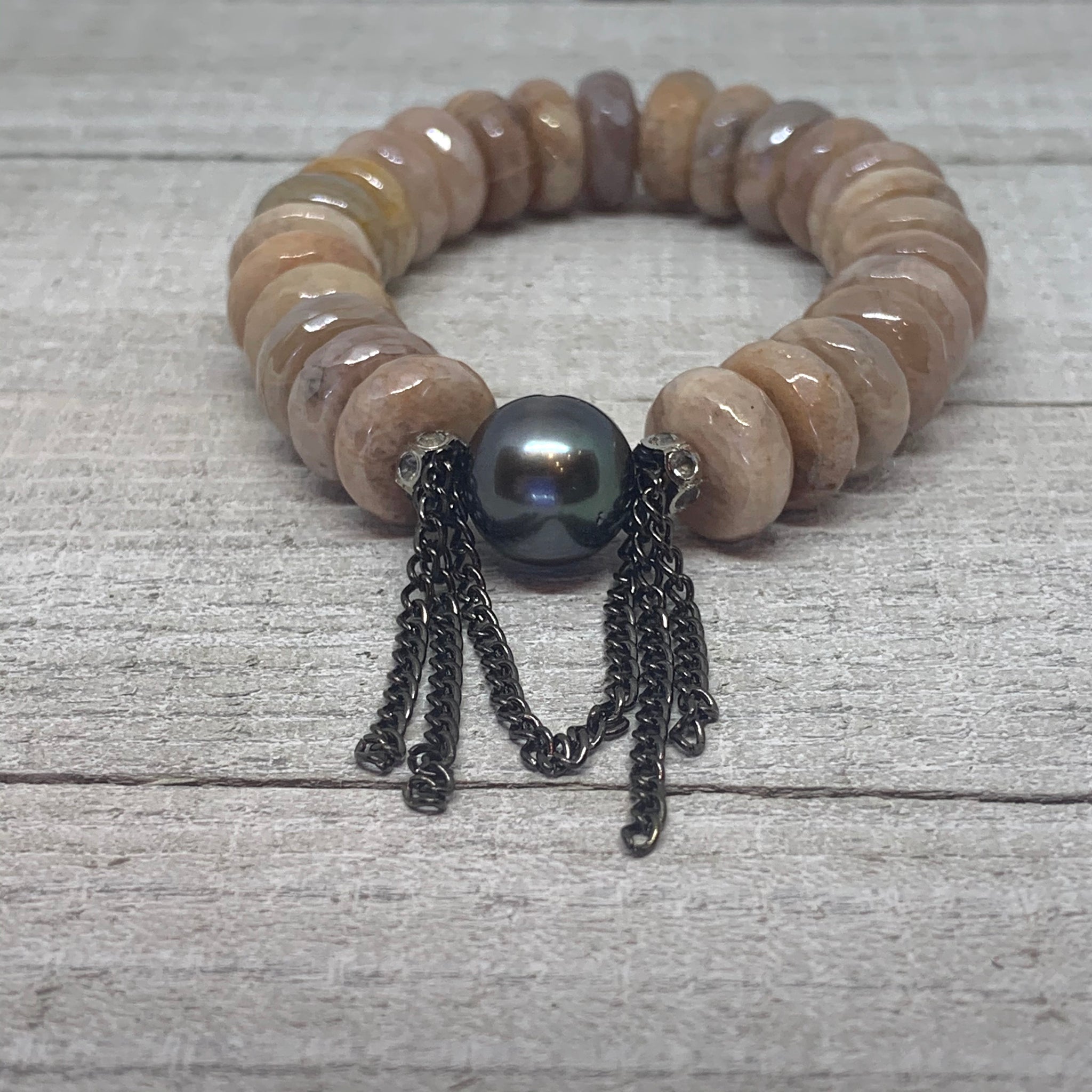 Gorgeous Faceted Peach Moonstone with a Stunning Tahitian Pearl and Chain Bracelet