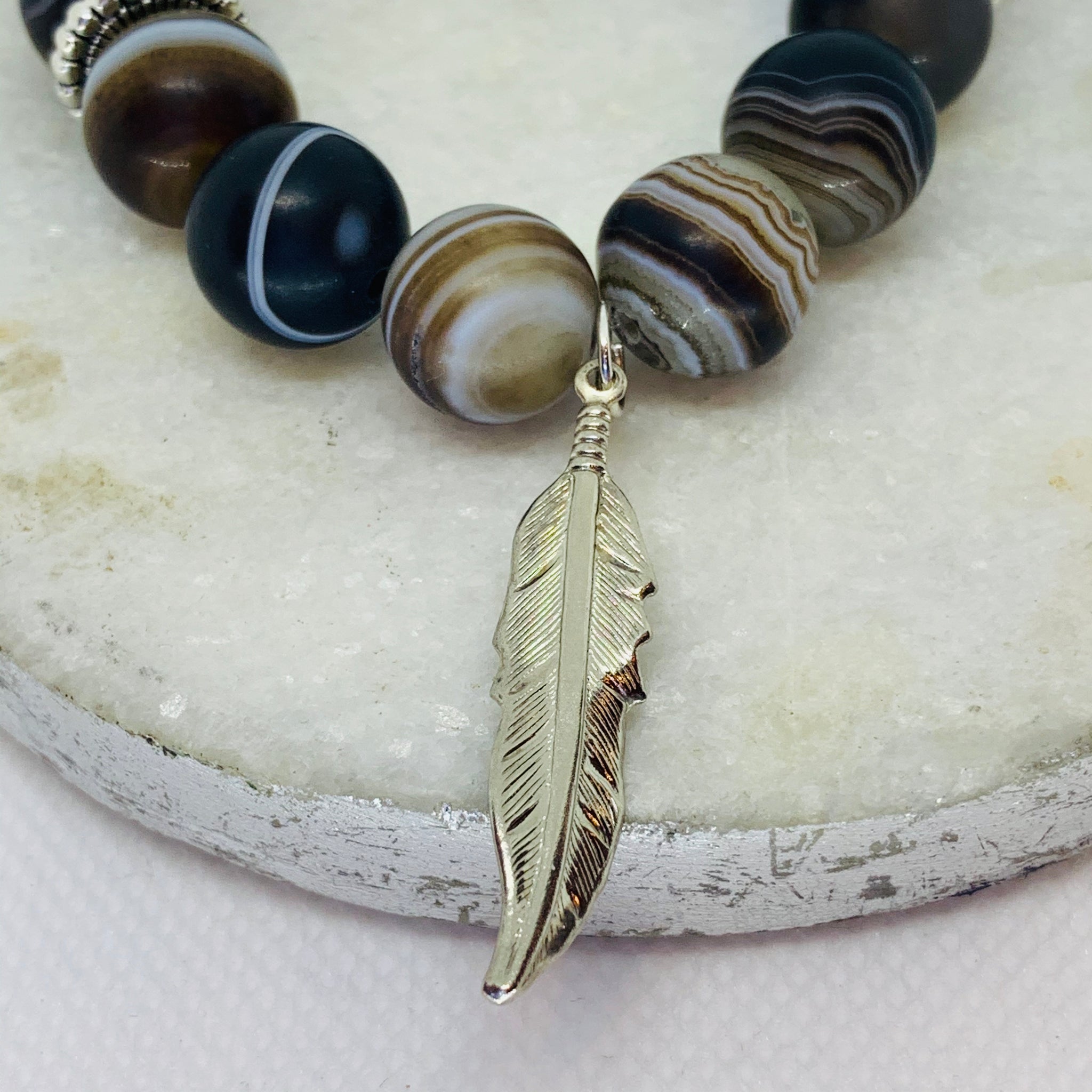 Frosted Stripe Agate and Silver Feather