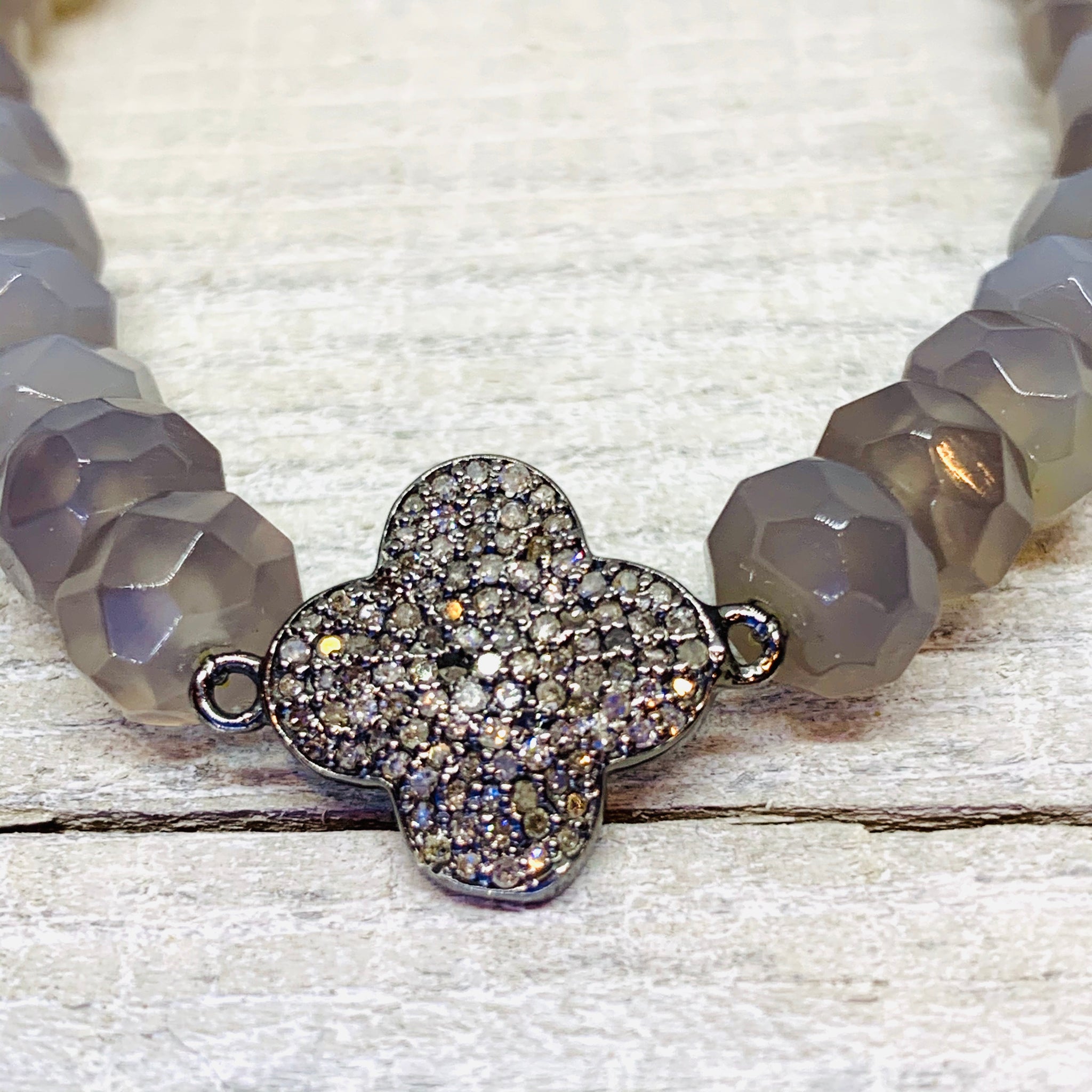 Diamond Clover and Agate Rondelle Bracelet