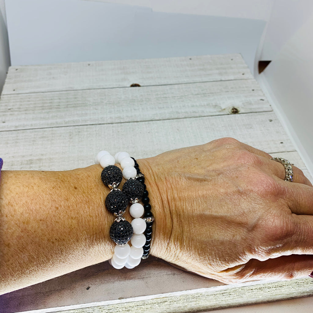 White Mountain Jade with (3) 12 mm Black Micro Mini Pave Black Bead Balls.