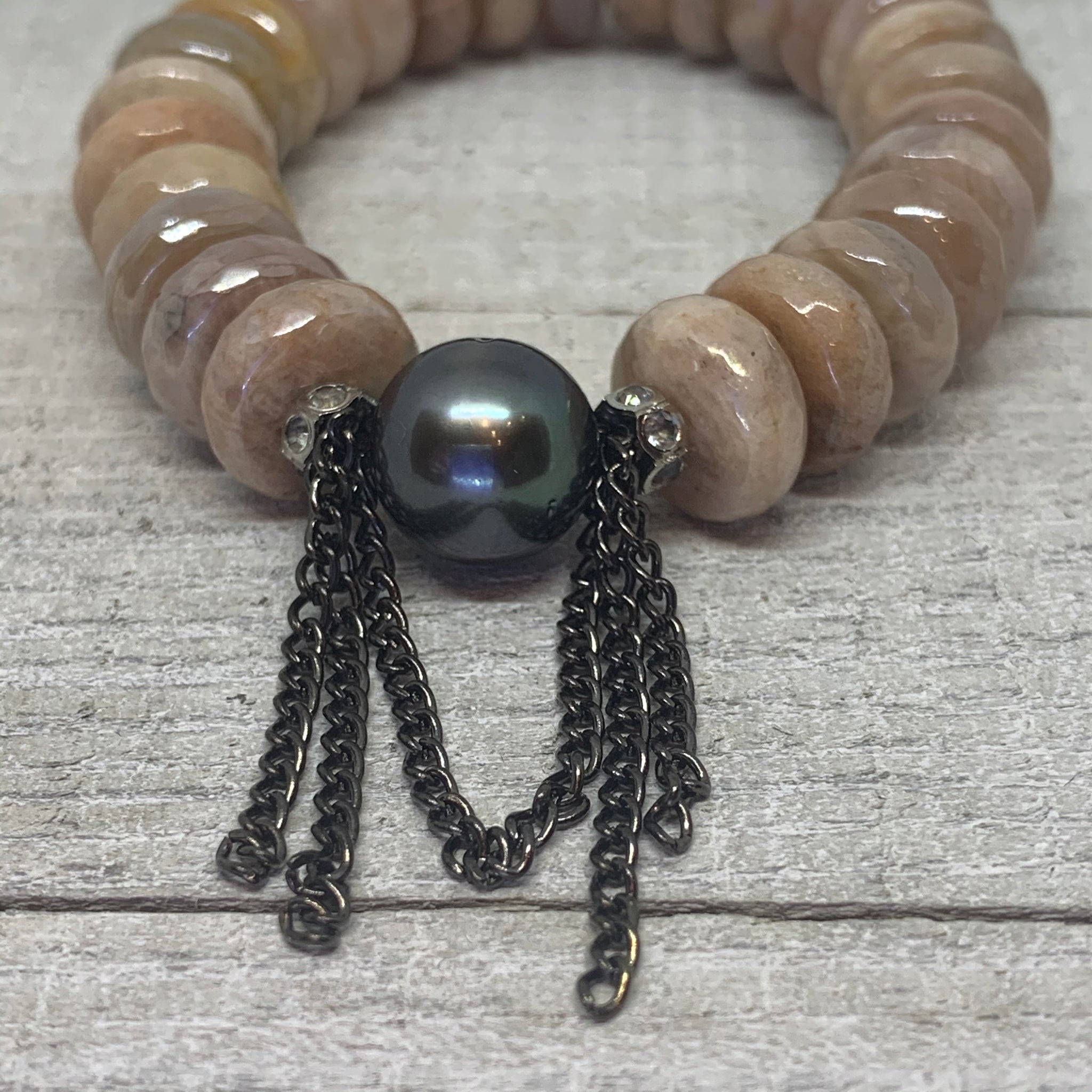 Gorgeous Faceted Peach Moonstone with a Stunning Tahitian Pearl and Chain Bracelet
