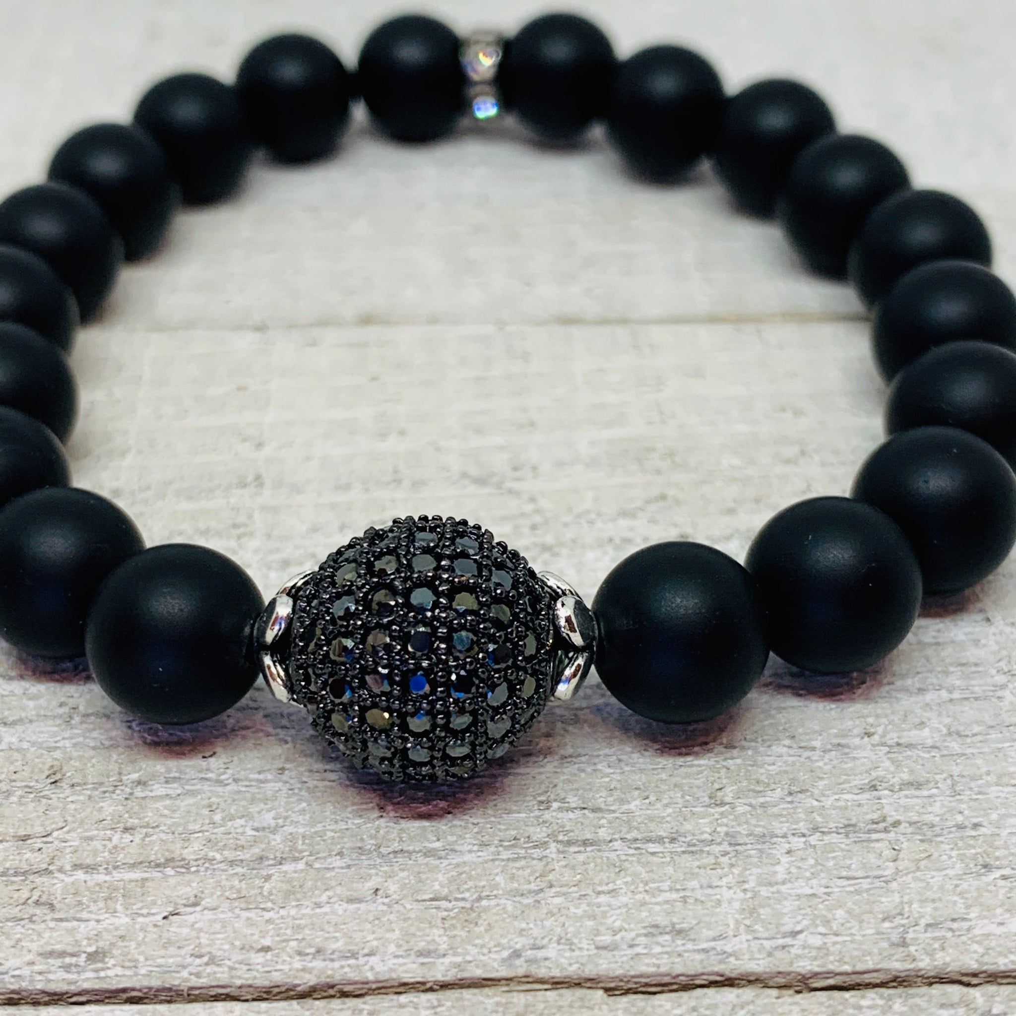Onyx With 12mm Micro Pave Black Bead Ball Bracelet
