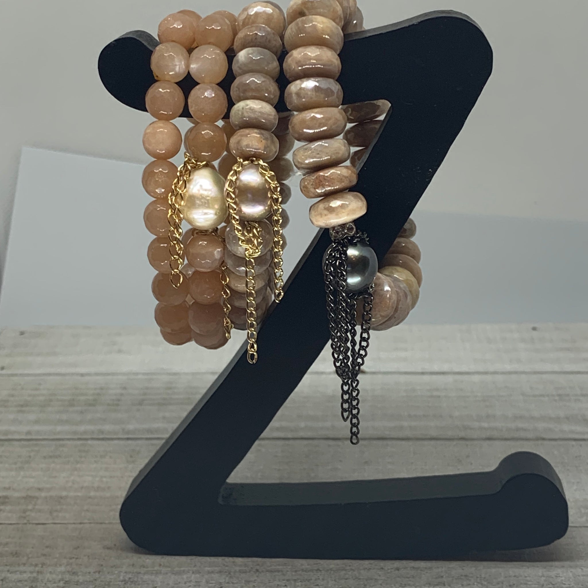 Gorgeous Faceted Peach Moonstone with a Stunning Tahitian Pearl and Chain Bracelet