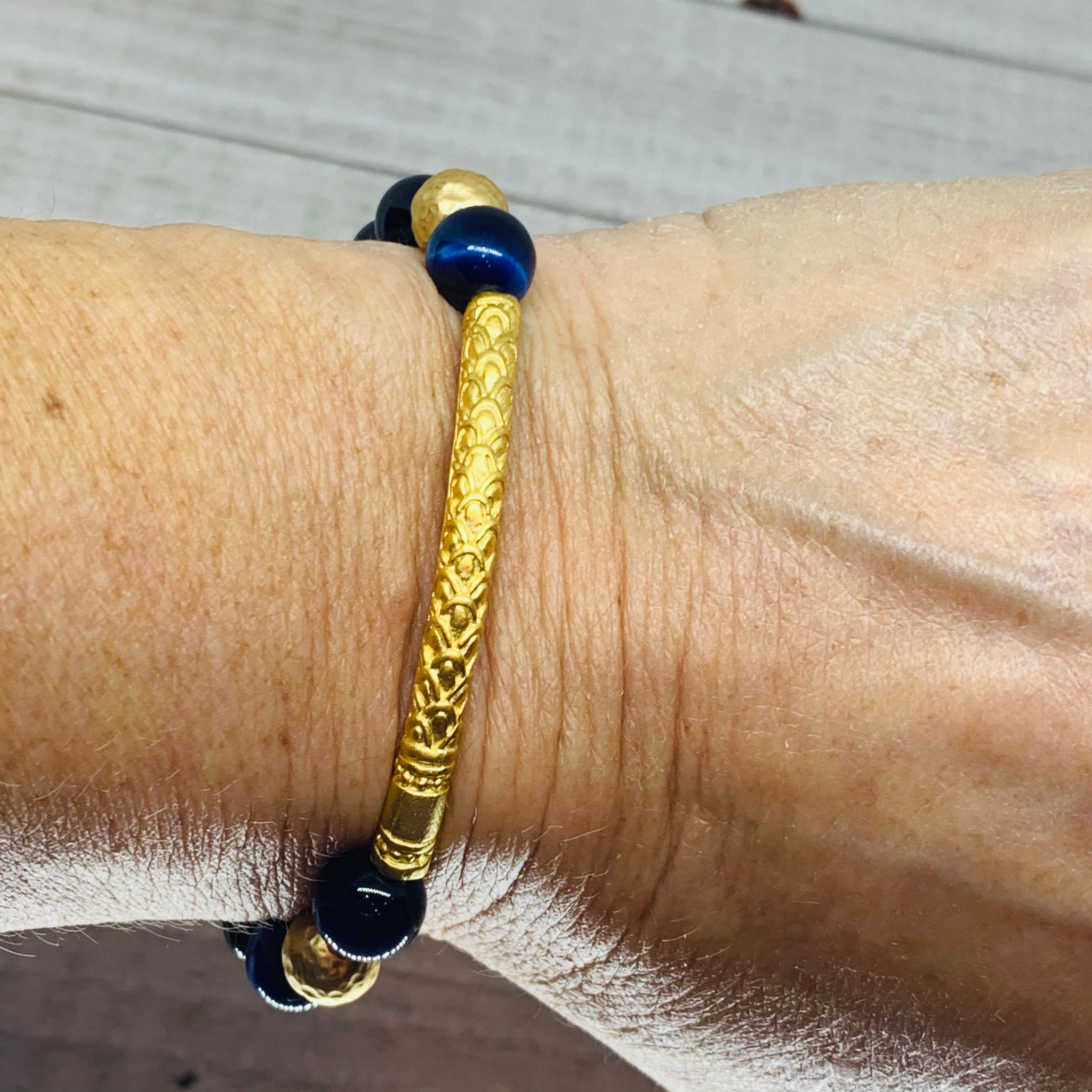 The Allison Bracelet- Blue Cat-Eye Beads with  Beautiful Etched Bar Bead