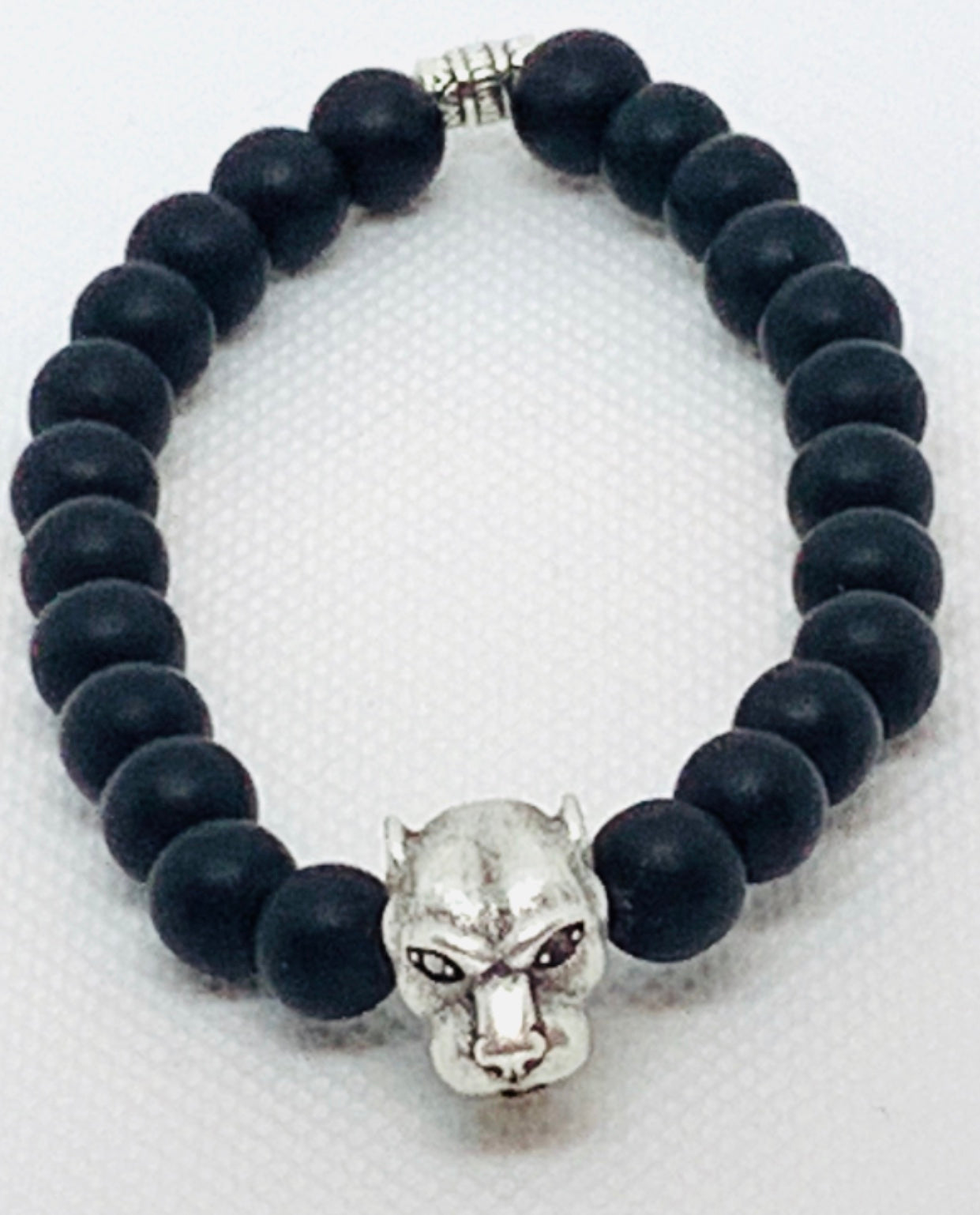 Unisex Silver Leopard and  Onyx Bead Bracelet