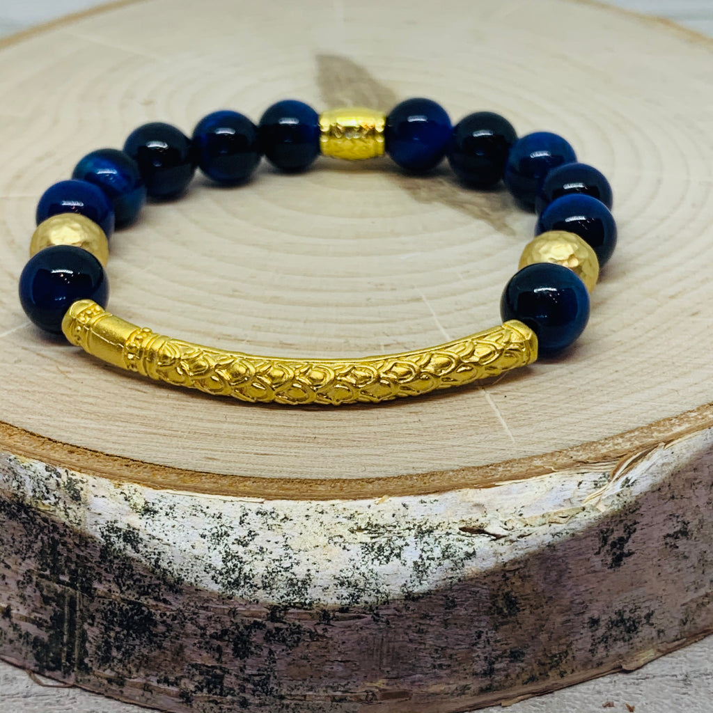 The Allison Bracelet- Blue Cat-Eye Beads with  Beautiful Etched Bar Bead