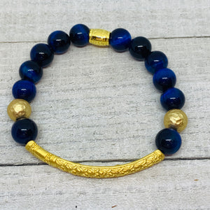 The Allison Bracelet- Blue Cat-Eye Beads with  Beautiful Etched Bar Bead