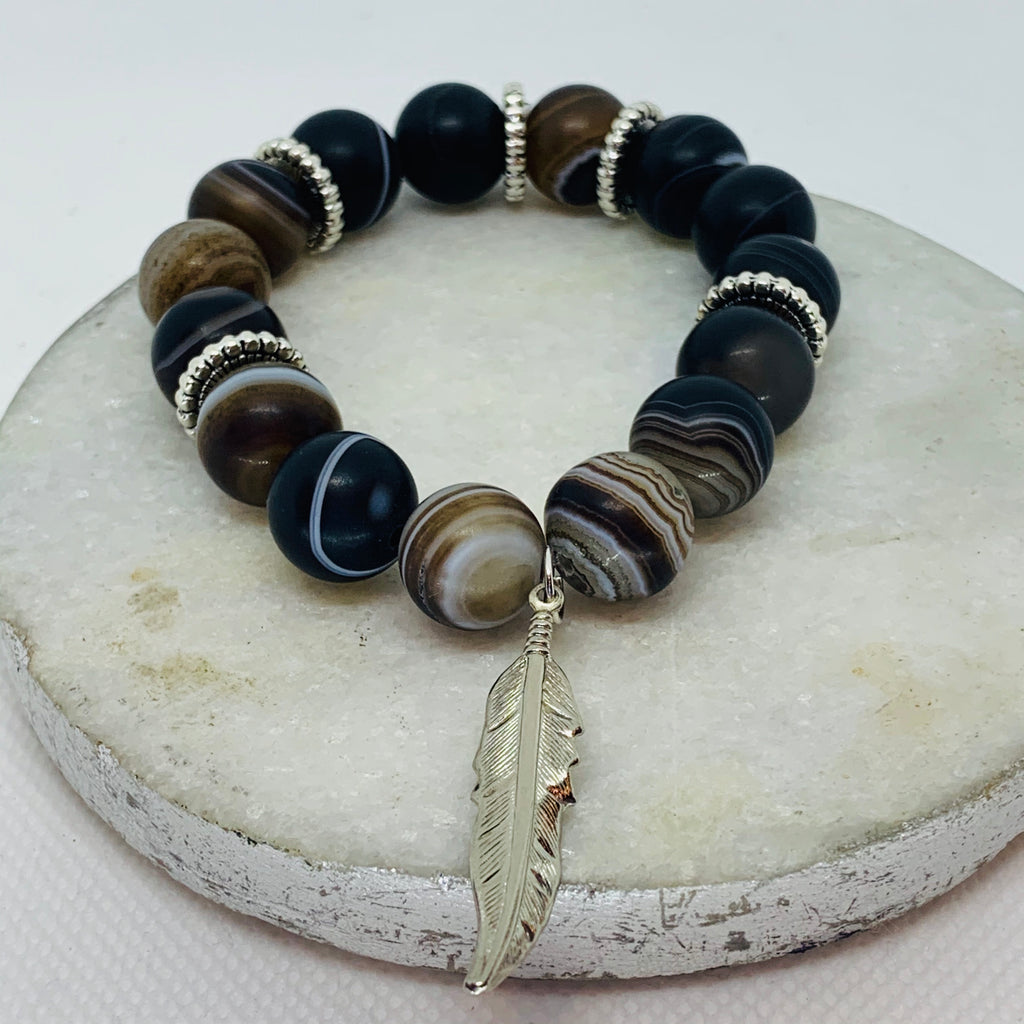 Frosted Stripe Agate and Silver Feather