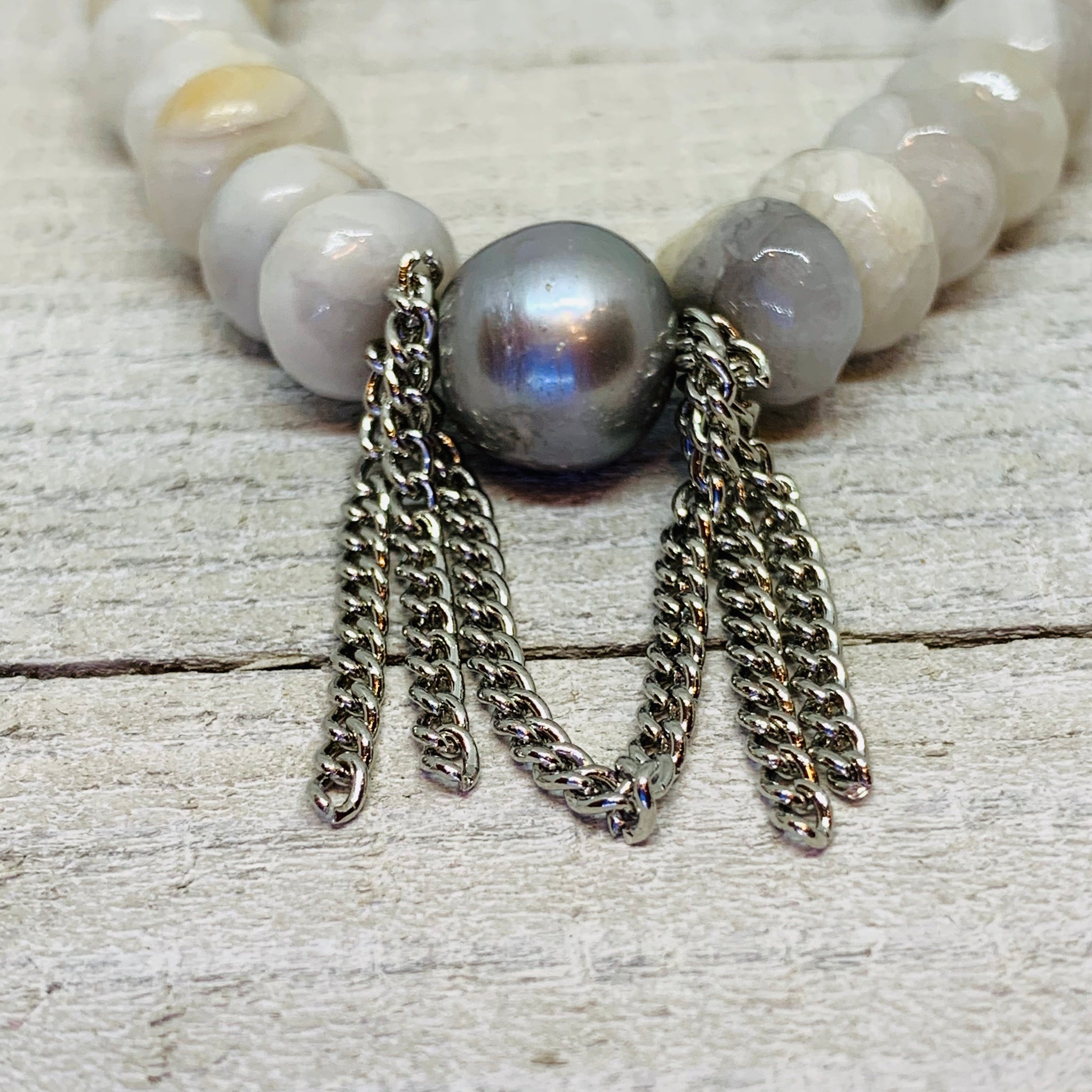 Creamy Lace Agate with Gray Pearl and Chain Bracelet