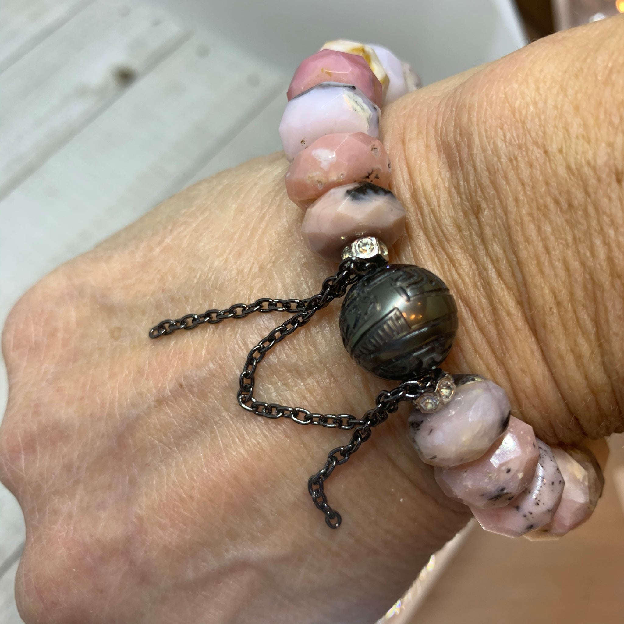 Exquisite Peruvian Opal Nugget with an AAA Carved Tahitian Pearl and Chain Bracelet
