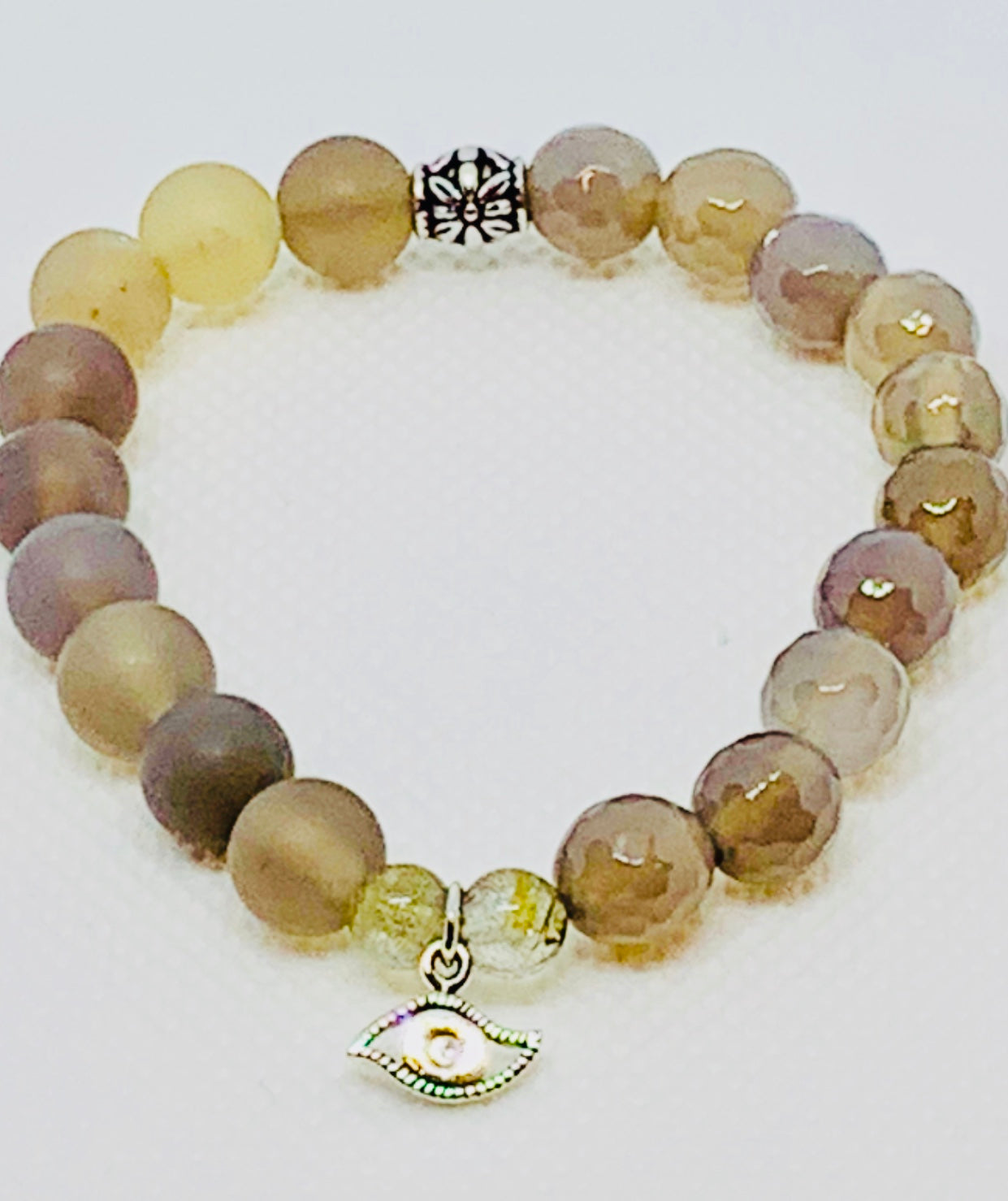 Matte and Shinny Agate & Silver Evil Eye Bracelet