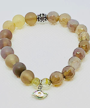 Matte and Shinny Agate & Silver Evil Eye Bracelet