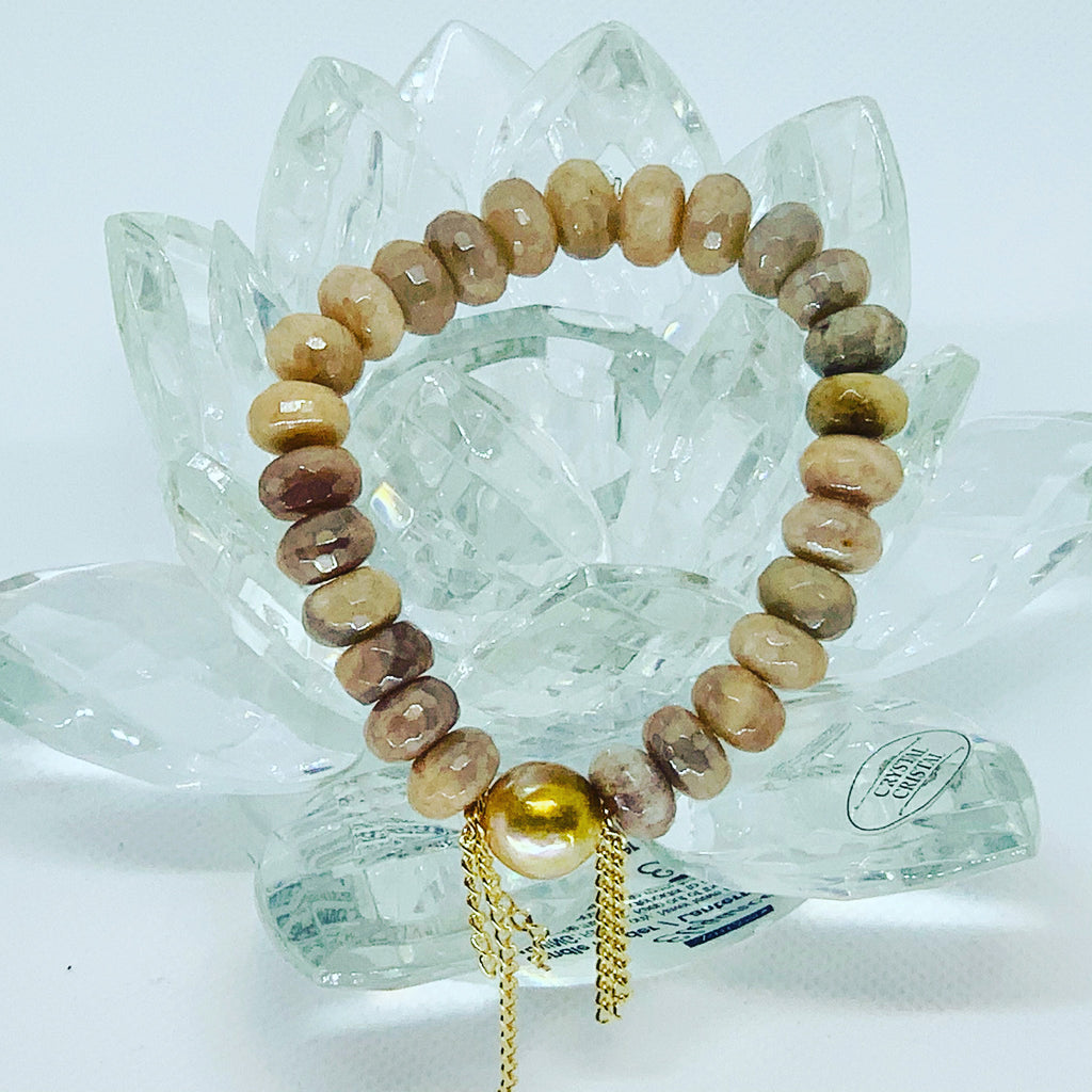 Peach Moonstone Faceted Rondell Beads with a Natural Golden Pearl