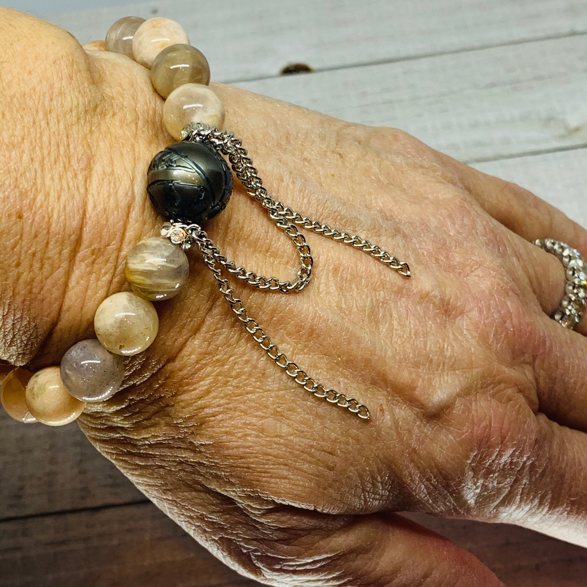 Carved Tahitian Pearl and Peach Moonstone Bracelet