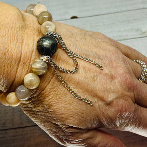 Carved Tahitian Pearl and Peach Moonstone Bracelet