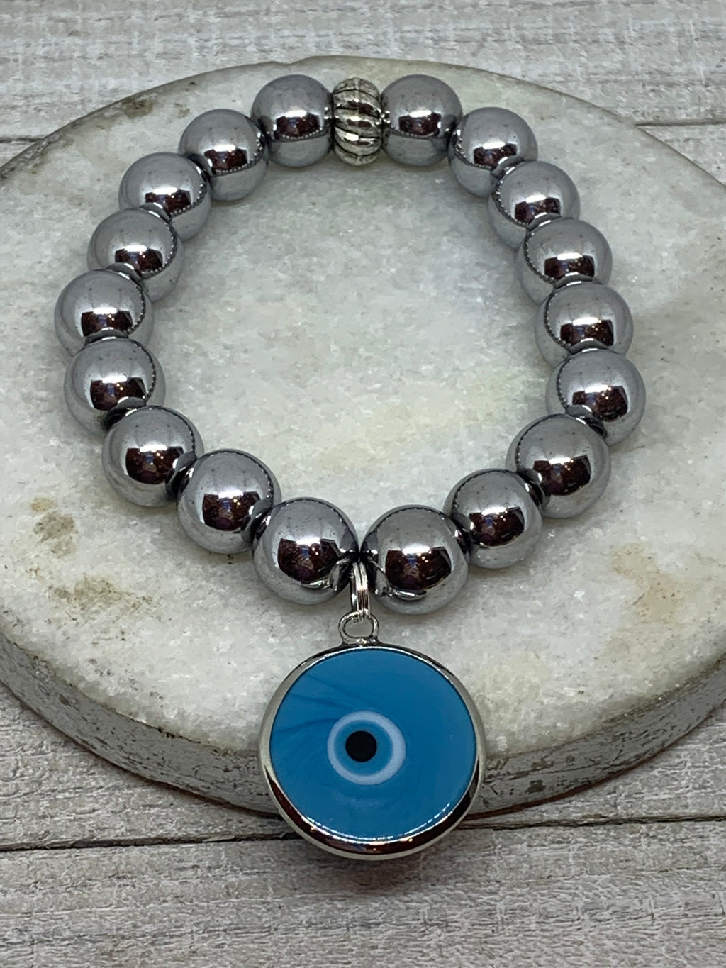 Baby Blue Evil Eye Hematite Bracelet