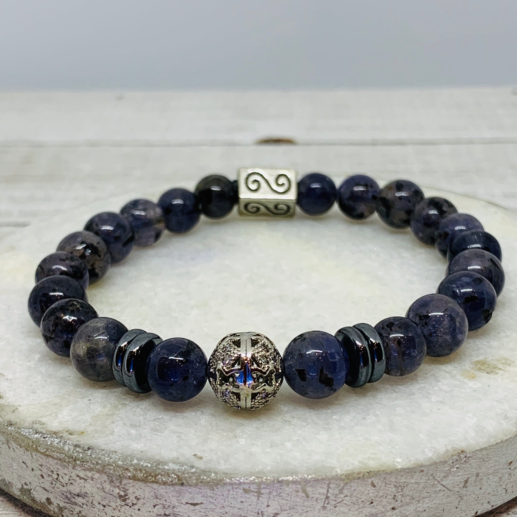 The Drew Bracelet-  Iolite Beads, Black Metal Spacers and Filigree Beads Ball Bracelet.