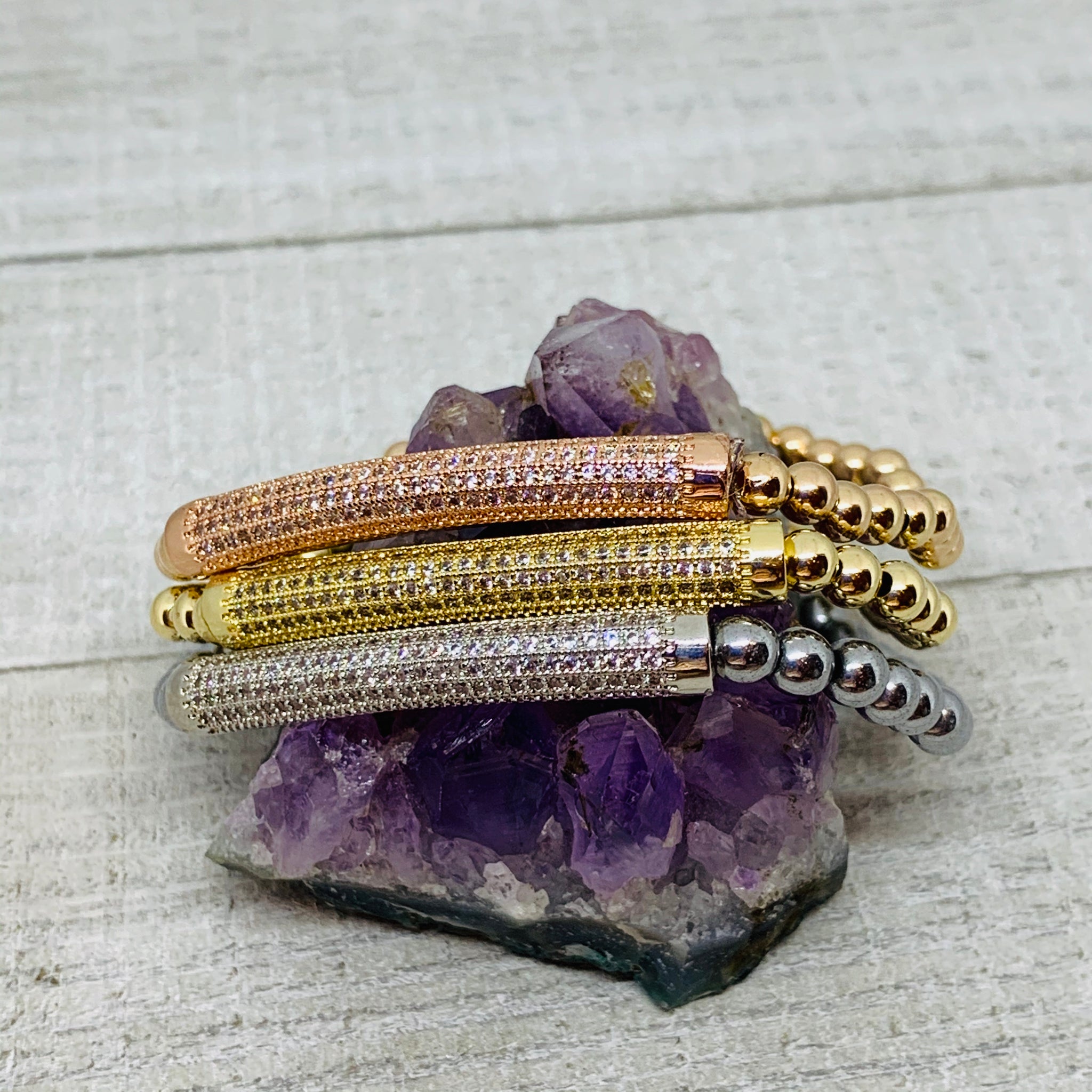 Trio of  Rose Gold,Gold and Silver Charm Stack Bracelet Set