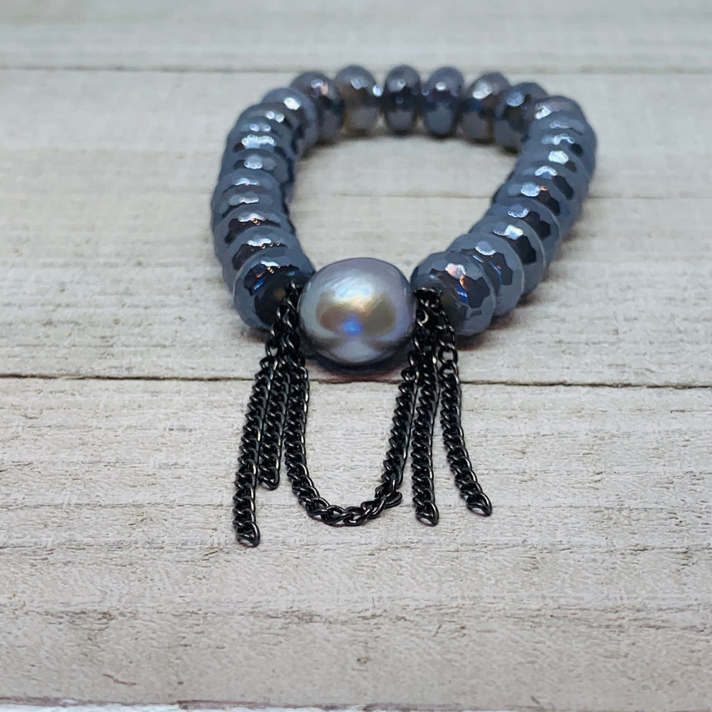 Faceted Gray Agate with Chain &Pearl Bracelet