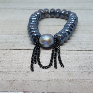 Faceted Gray Agate with Chain &Pearl Bracelet