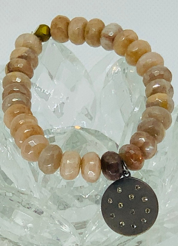 Beautiful Antique Pave Diamond Charm On Stunning Peach Moonstone Bracelet