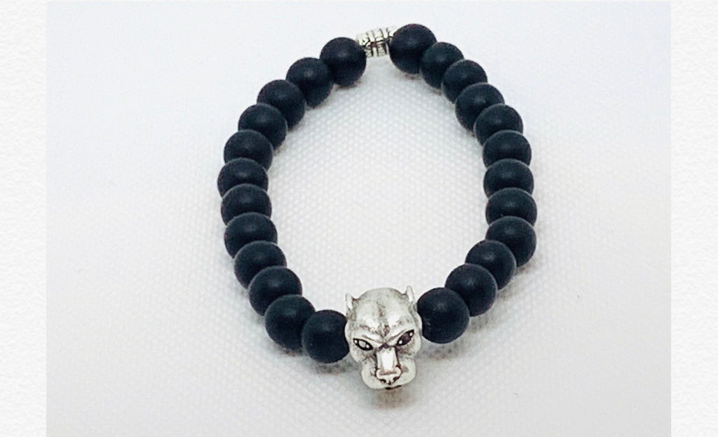 Unisex Silver Leopard and  Onyx Bead Bracelet