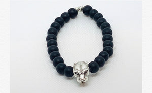 Unisex Silver Leopard and  Onyx Bead Bracelet