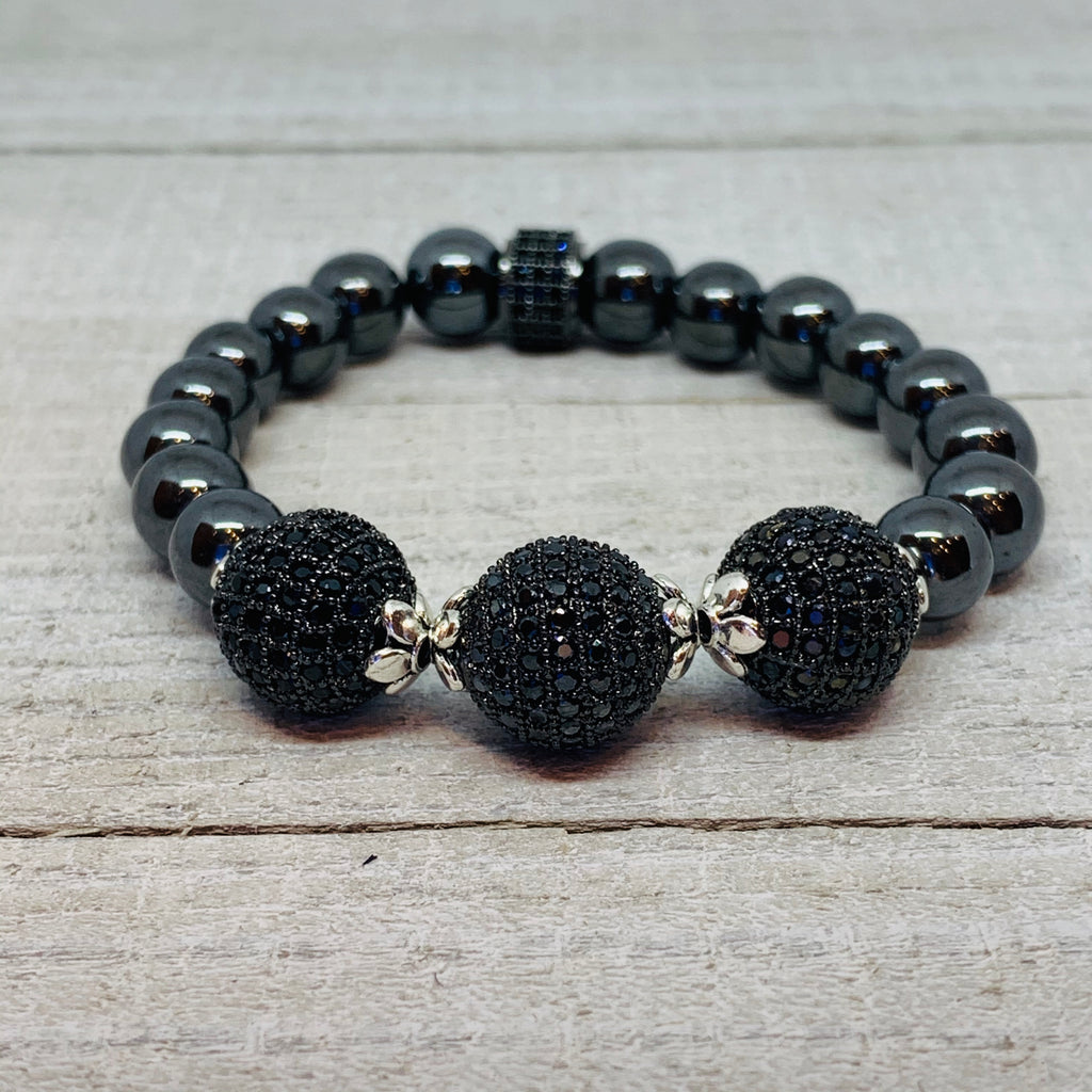 Three Sisters Hematite and Pave Black Bead Ball Bracelet