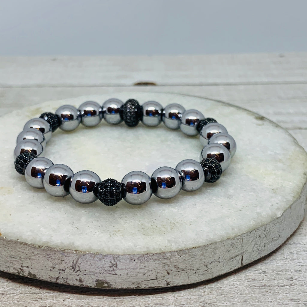 The Shawn Bracelet- Silver Hematite & Black Pave Beads