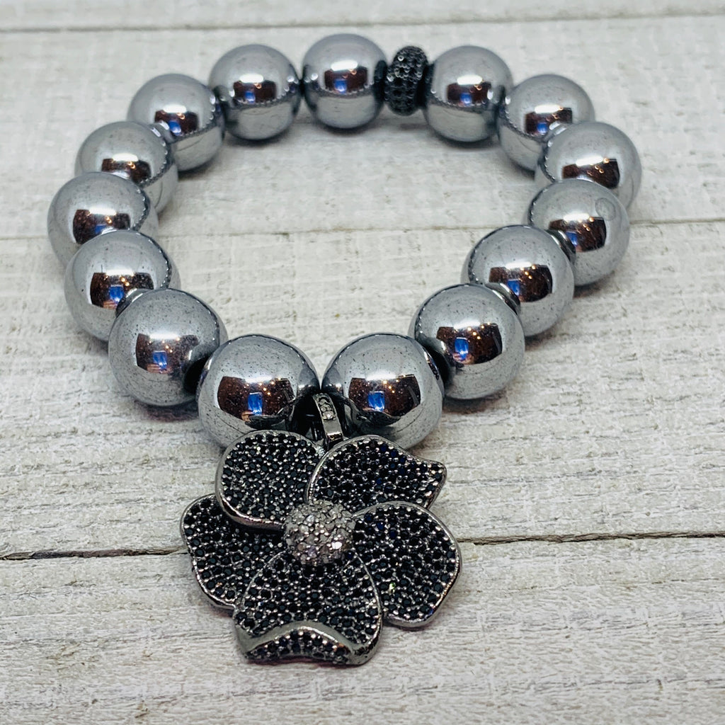 Mod Big Silver Hematite & Black Pave Spinel Flower Charm Bracelet