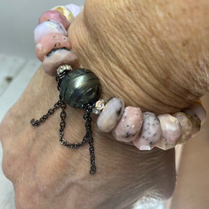Exquisite Peruvian Opal Nugget with an AAA Carved Tahitian Pearl and Chain Bracelet
