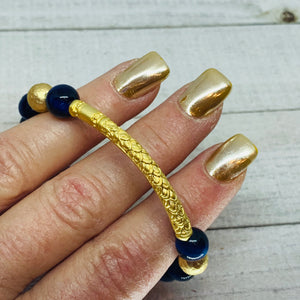 The Allison Bracelet- Blue Cat-Eye Beads with  Beautiful Etched Bar Bead
