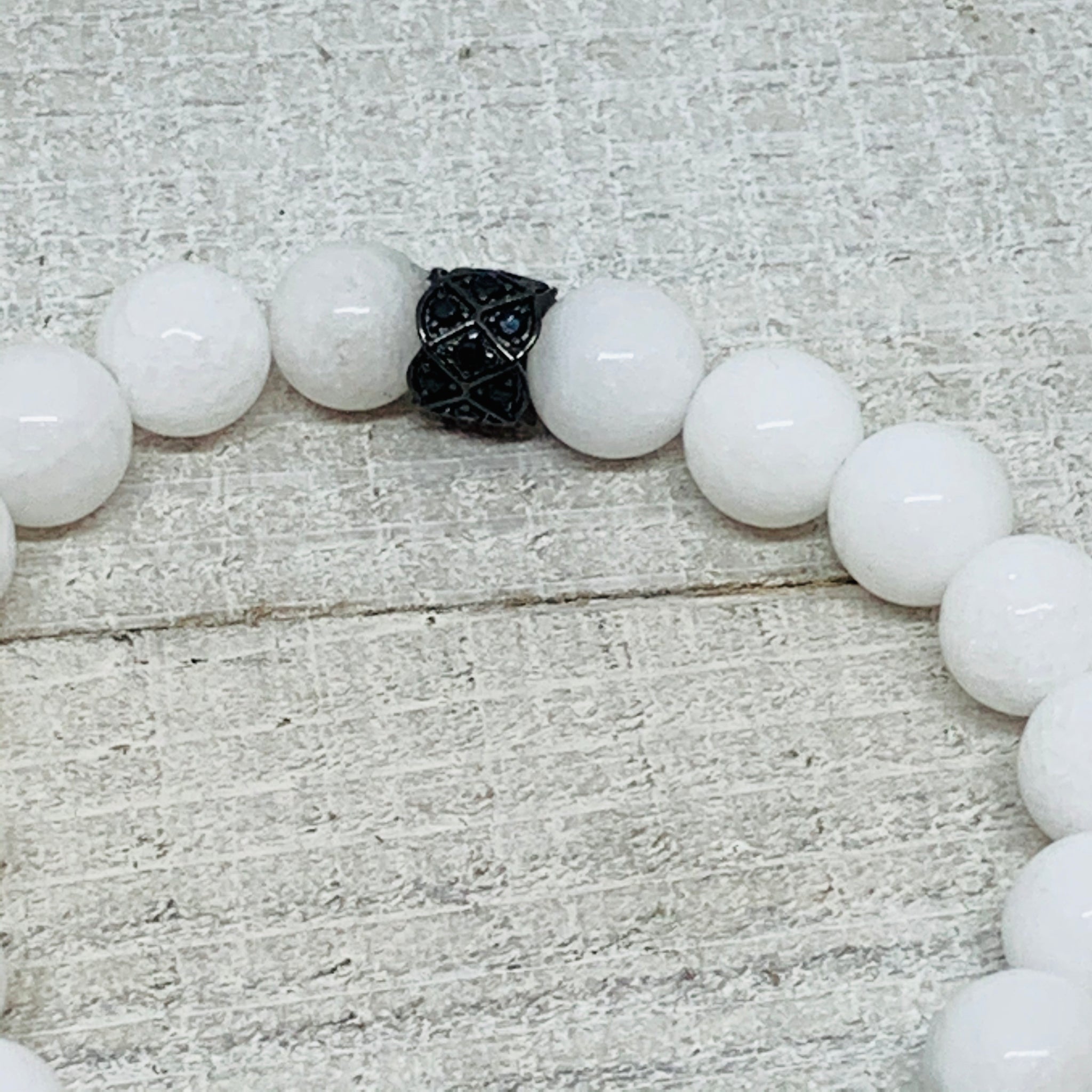 White Mountain Jade with (3) 12 mm Black Micro Mini Pave Black Bead Balls.