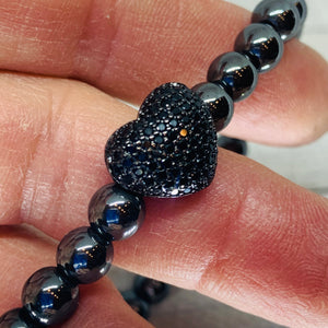 The Harriet Bracelet- Black Hematite with a Black Puffed Micro Pave Heart