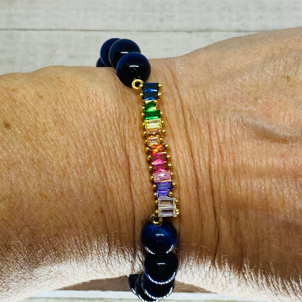 Blue Cat Eye and Multi Color Connector Charm Bracelet