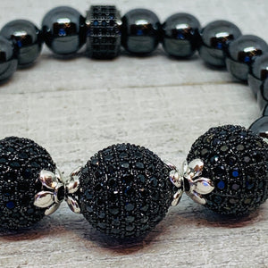 Three Sisters Hematite and Pave Black Bead Ball Bracelet