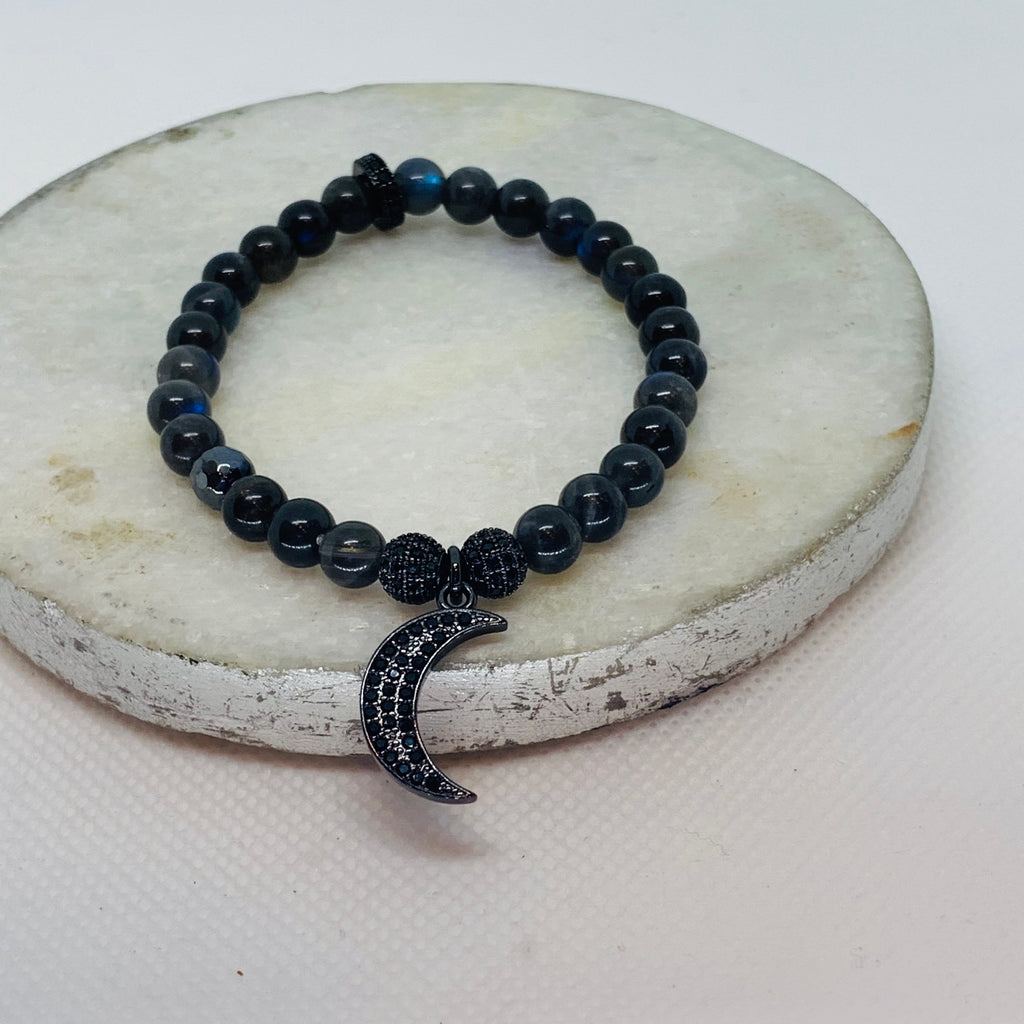 Crescent Moon 6mm Labradorite Black CZ Charm Bracelet