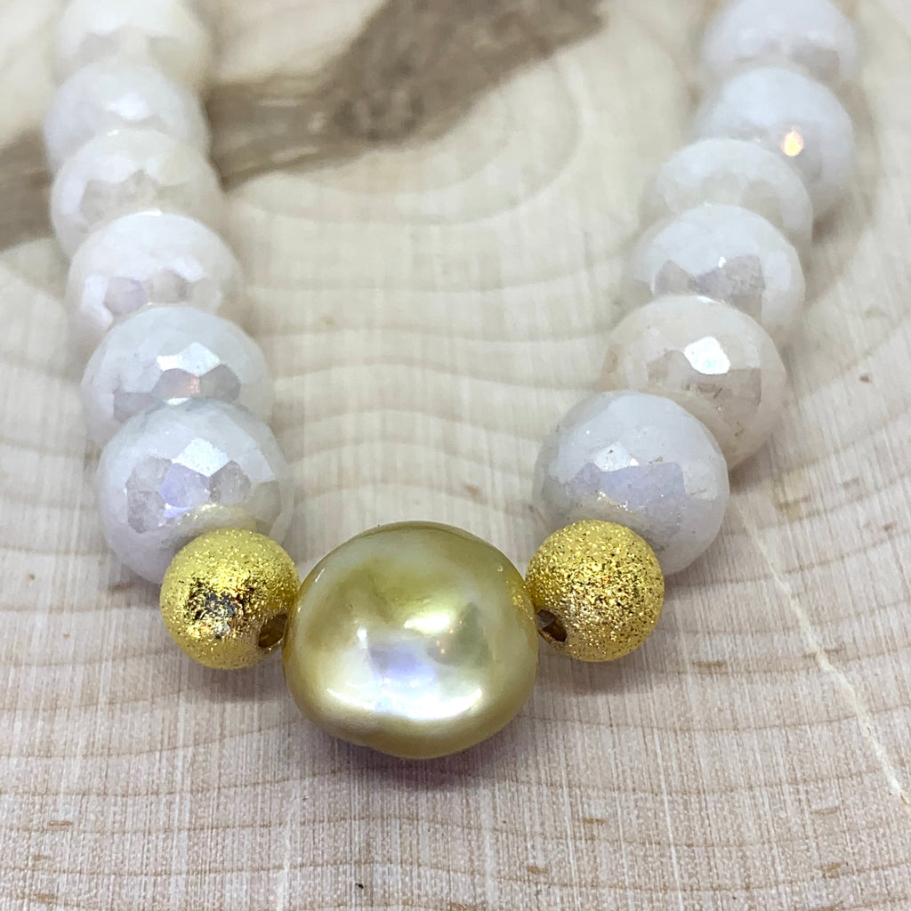Elegant Golden Pearl and Cream Moonstone Rondelle Faceted Beads