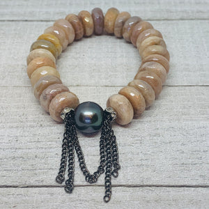 Gorgeous Faceted Peach Moonstone with a Stunning Tahitian Pearl and Chain Bracelet