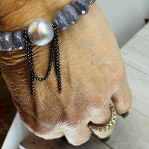 Faceted Gray Agate with Chain &Pearl Bracelet