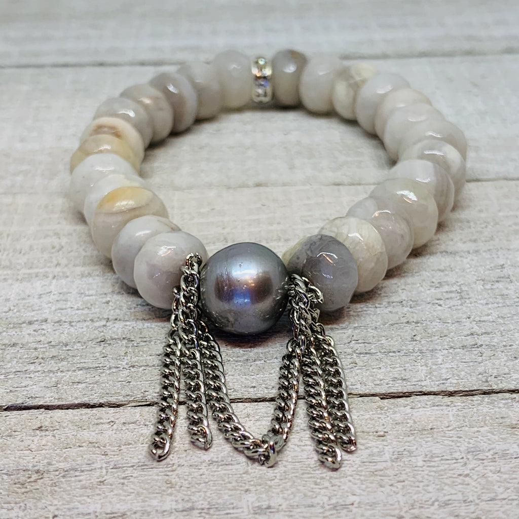 Creamy Lace Agate with Gray Pearl and Chain Bracelet