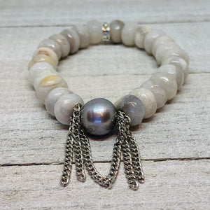 Creamy Lace Agate with Gray Pearl and Chain Bracelet