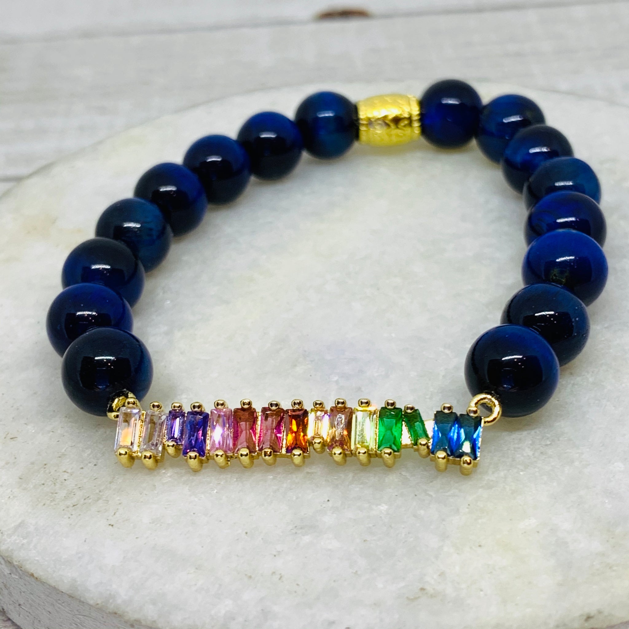 Blue Cat Eye and Multi Color Connector Charm Bracelet