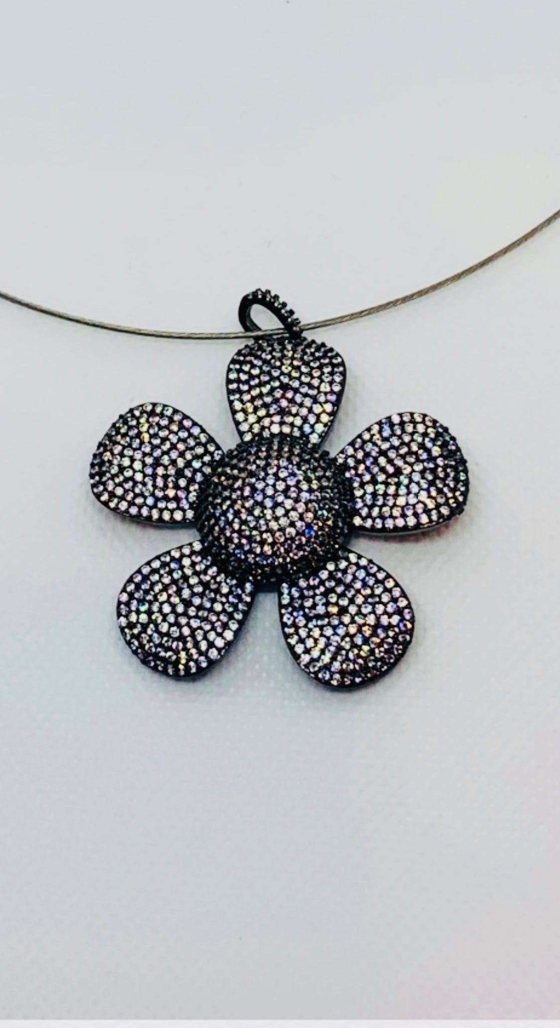 Large Daisy Flower Magnetic Silver Choker with Micro CZ Pave