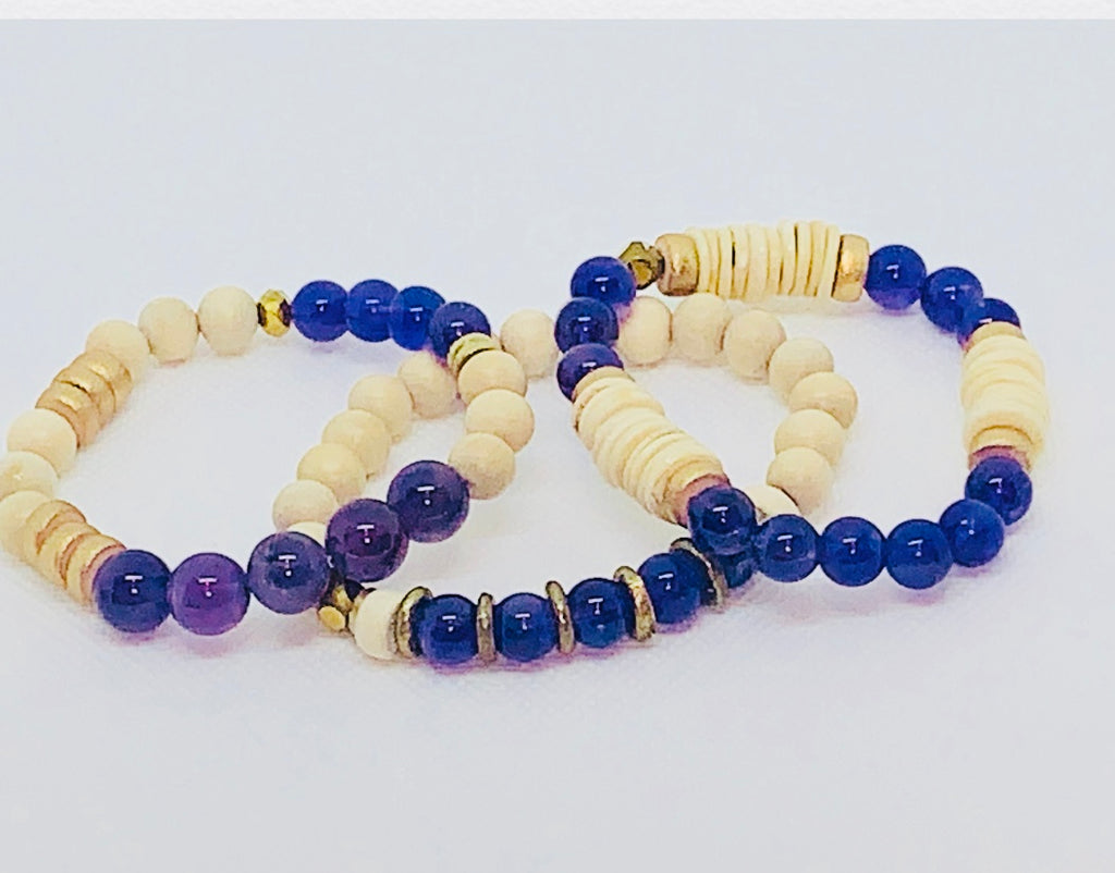 Trio Wood Beads and Amethyst Gemstones