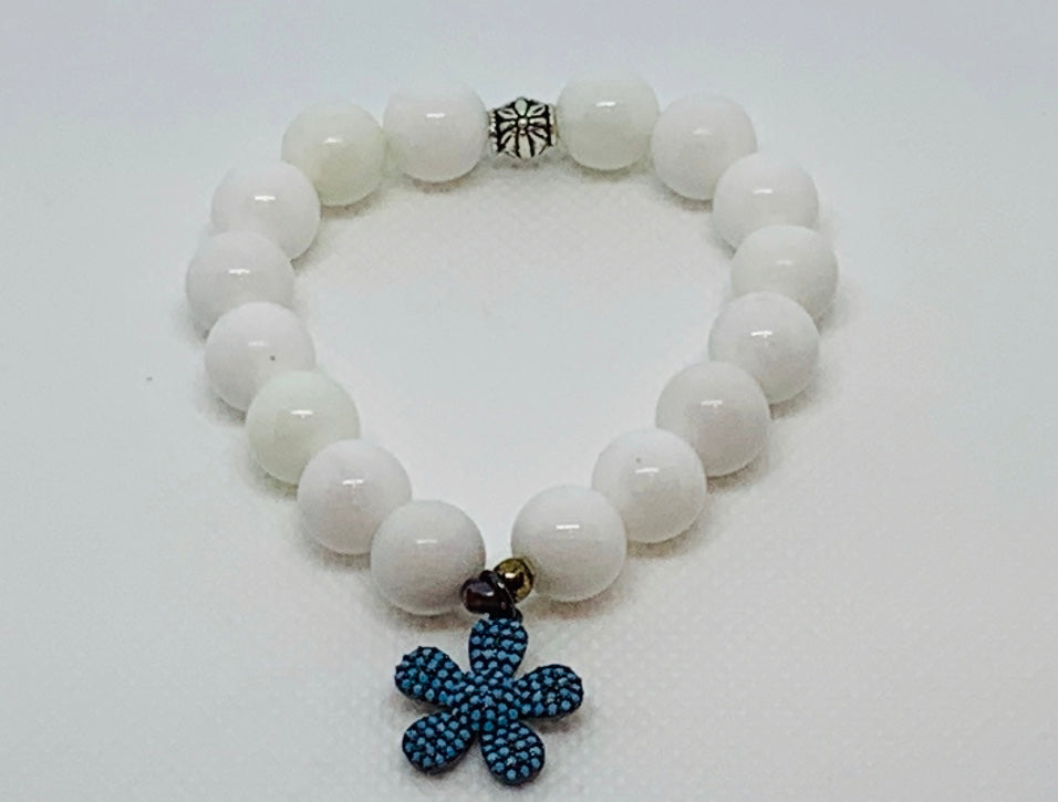 Blue Beaded Flower Charm & White Mountain Jade Bracelet