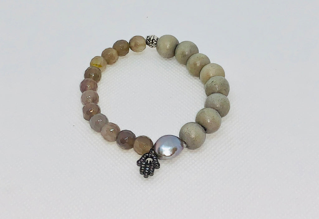 Combo Bracelet-- Gray Agate & Gray Wood Beads with Gray Baroque Pearl and Hamsa Charm.